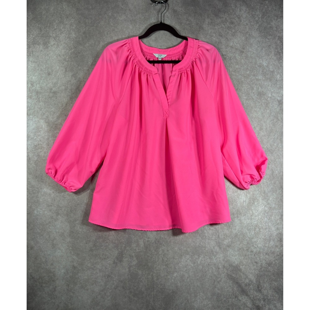 Crown & Ivy Blouse Womens XL Pink Peasant Boho Smocked Neck 3/4 Sleeve V-Neck